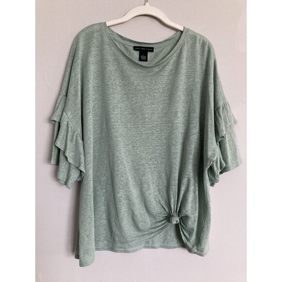 Joan Vass New York 100% Linen Ruffle Sleeve Blouse LARGE Mint Sage Green - Picture 1 of 6